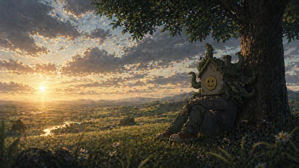 shog at sunset under a tree